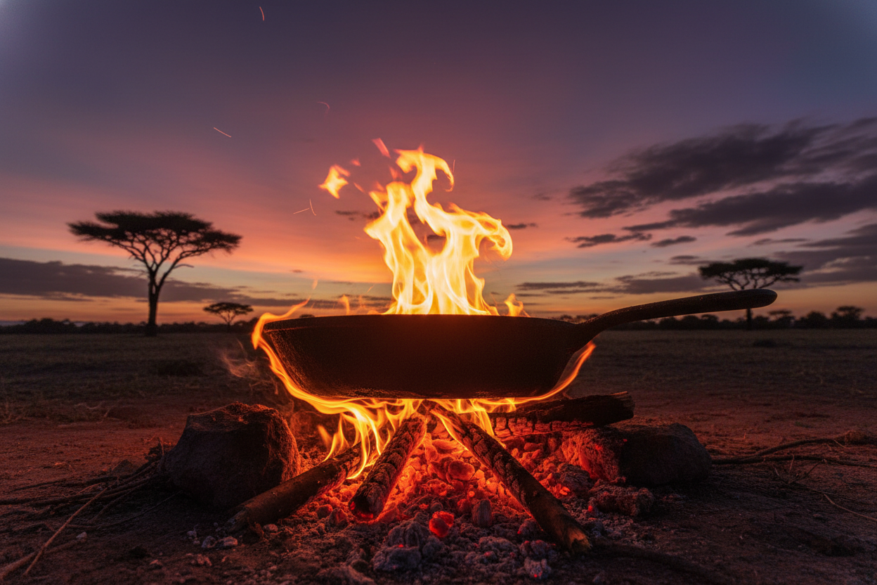 Cast Iron Skillet on fire under african sky
