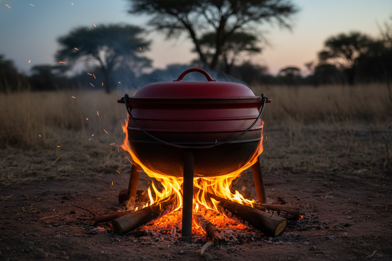 Red 3 leg potjie kos pot on the fire